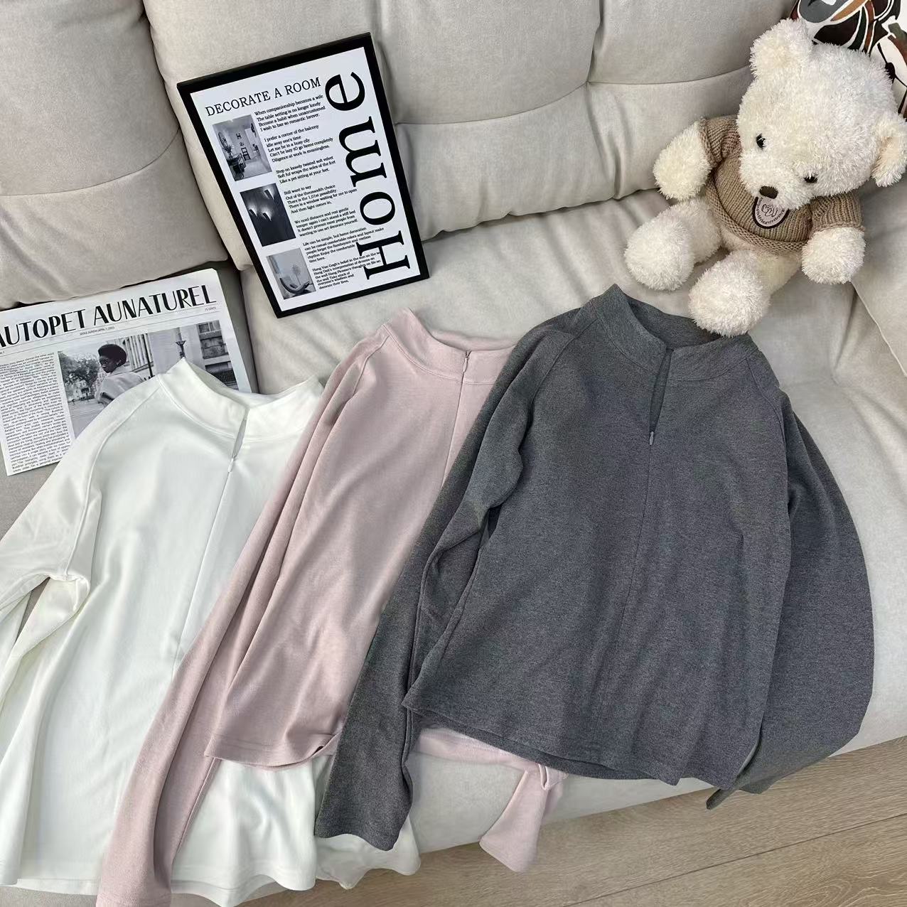 百搭立领半开设计隐形拉链超级显瘦修身弹力打底T25122747