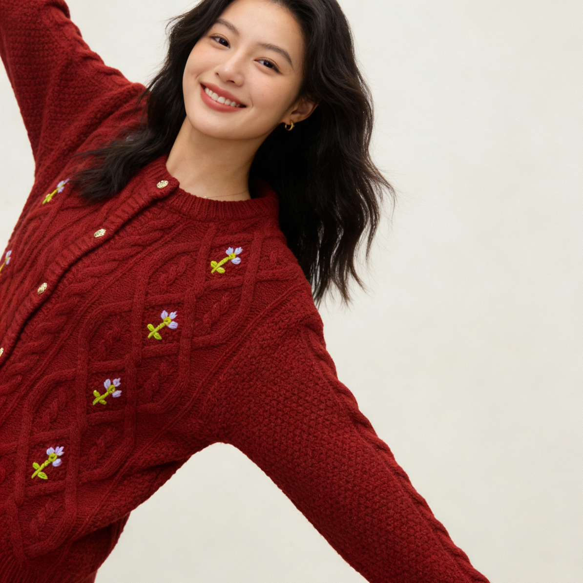 金扣圆领保暖开衫毛衣小花刺绣时尚百搭冬季外套 6810