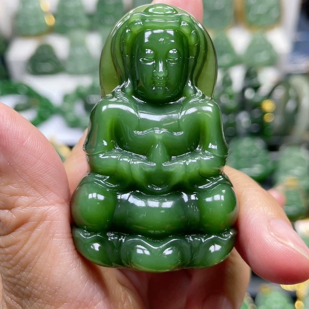 猴教授珠宝碧玉臻品老坑料菠菜绿猫眼观音吊坠60mm