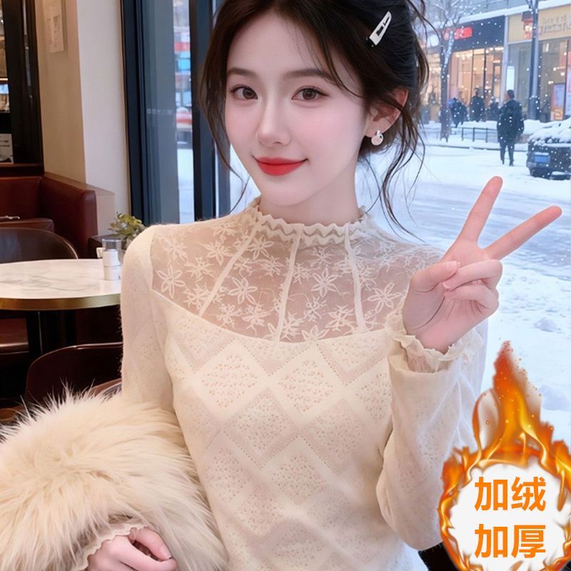 网红拼接纱网长袖韩版蕾丝打底衫洋气百搭秋冬加绒显瘦保暖上衣