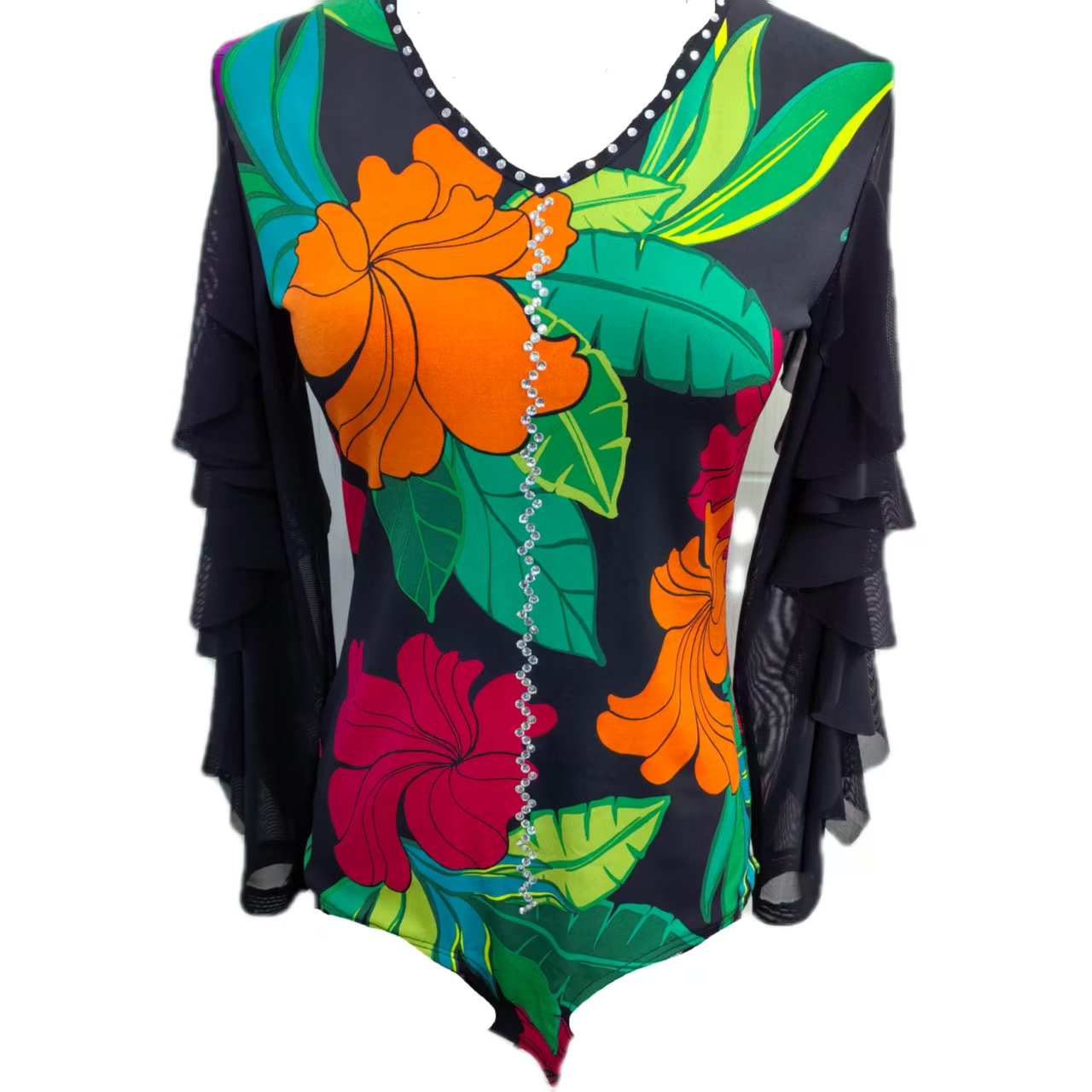 新款女士拼接花色钻钻花边袖上衣时尚气质舞服三步踩吉特巴舞服上