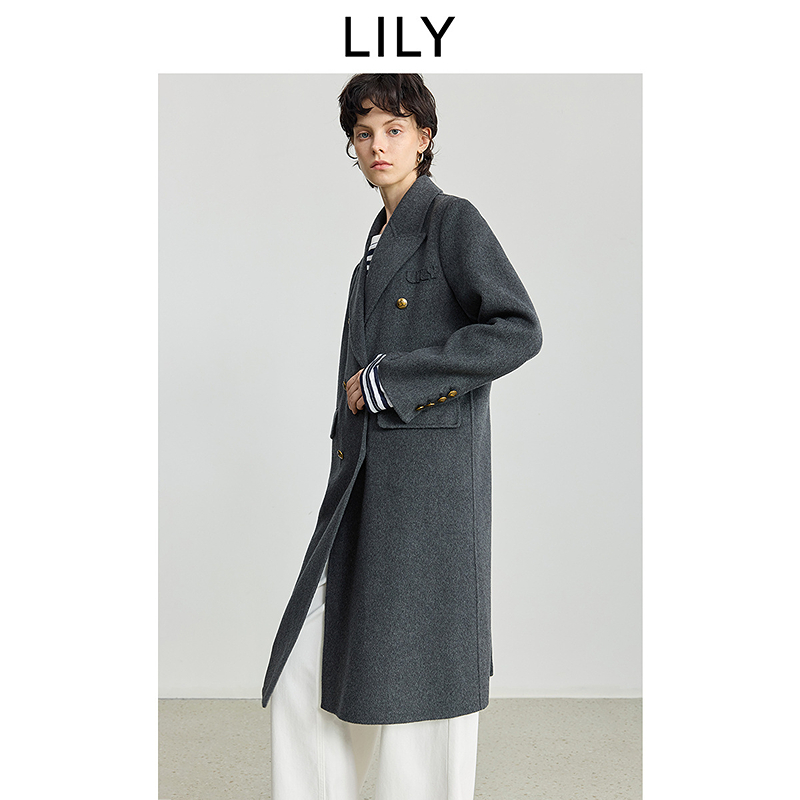 LILY2025冬新款羊毛混纺轻奢长款灰色大衣毛呢外套女125409FN956
