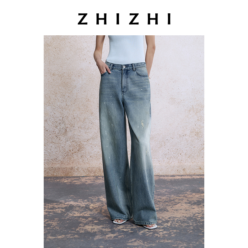 致知 碧桃春 复古水洗牛仔裤女2025夏美式高腰ZZ2EMNHW010