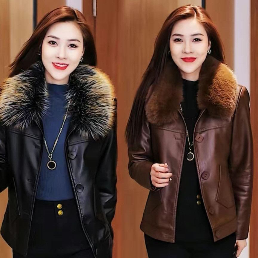 海宁秋冬韩版加绒八排扣可拆卸毛领女士高端外套加厚皮衣