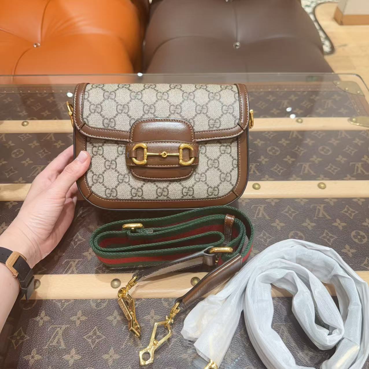 99新 GUCCI/古驰 1955 经典老花配皮马衔扣mini 马鞍包