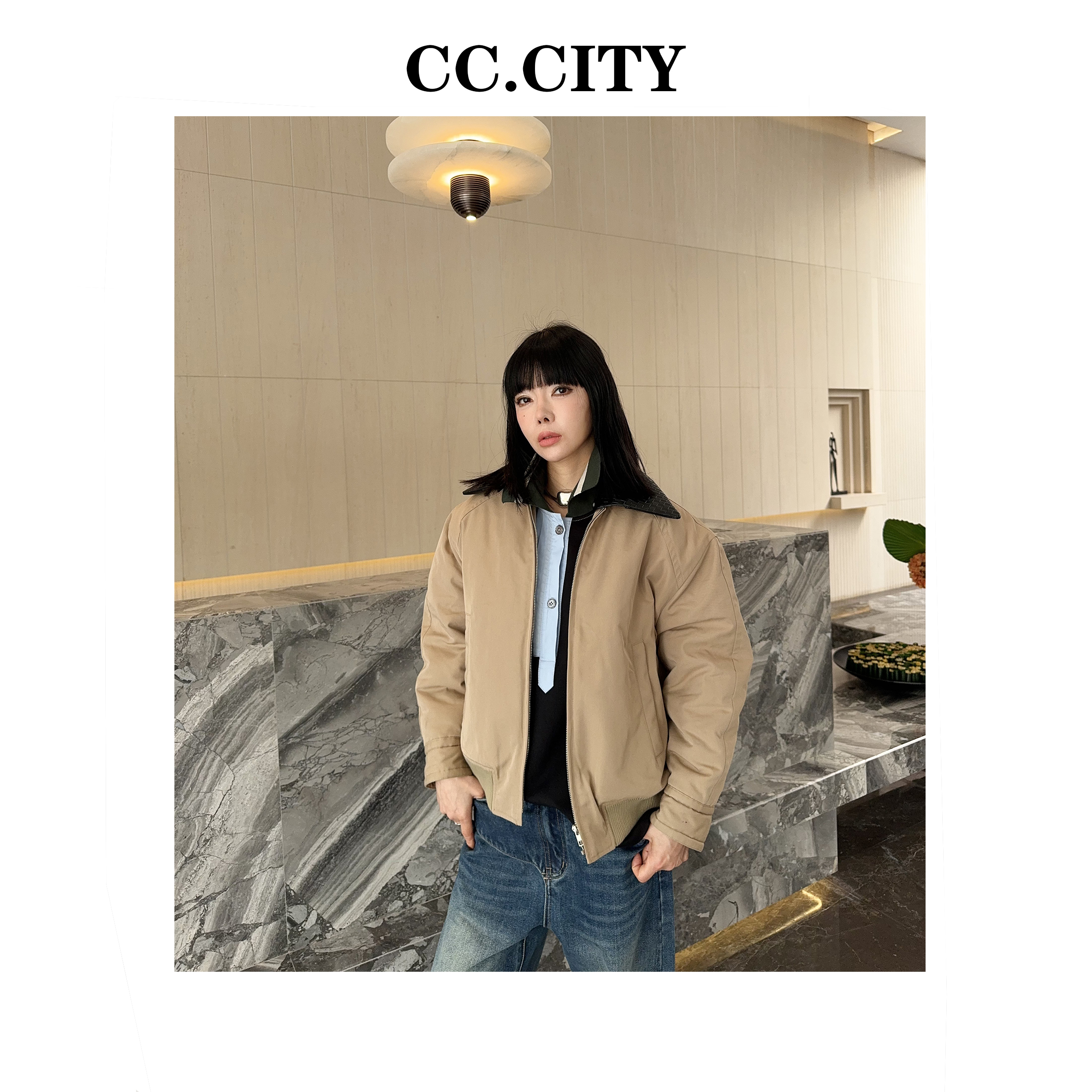 【蔡丽丽】复古质感休闲风时尚加厚棉服外套可拆卸领口撞色CX1931