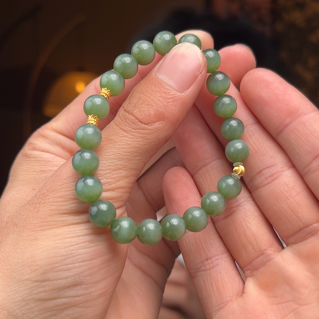 和田玉手串18K金镶嵌碧玉一线猫黑猫无矿点