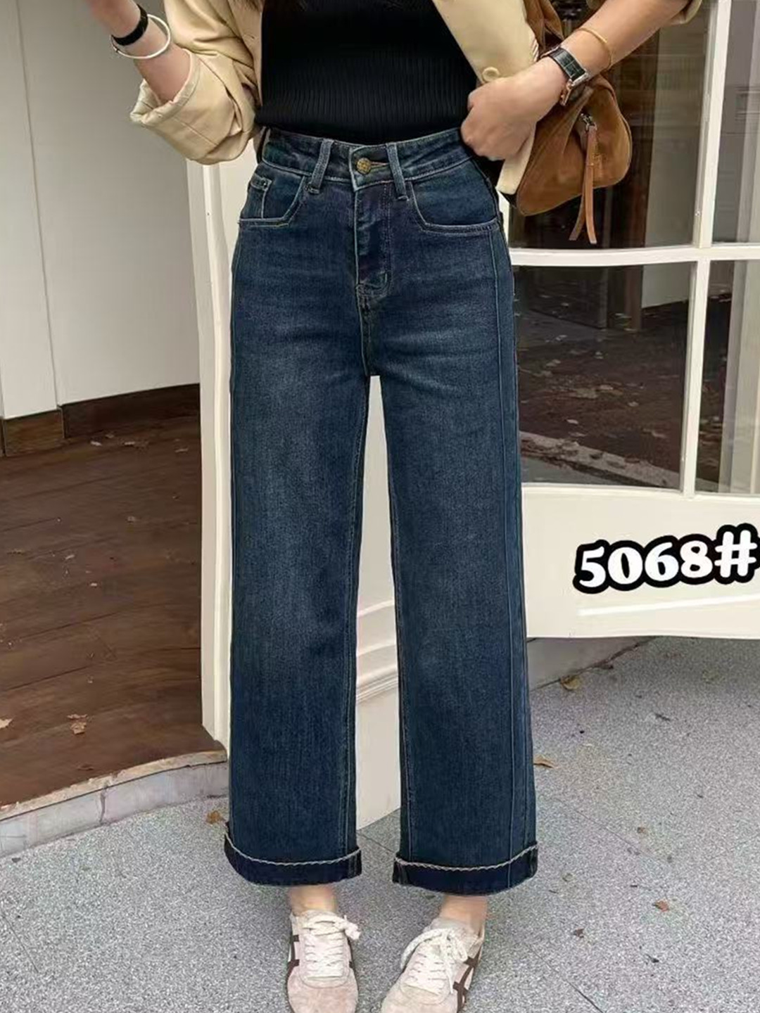 蓝色阔腿裤秋季新品K5068复古蓝窄版直筒裤时尚秋季牛仔裤显瘦