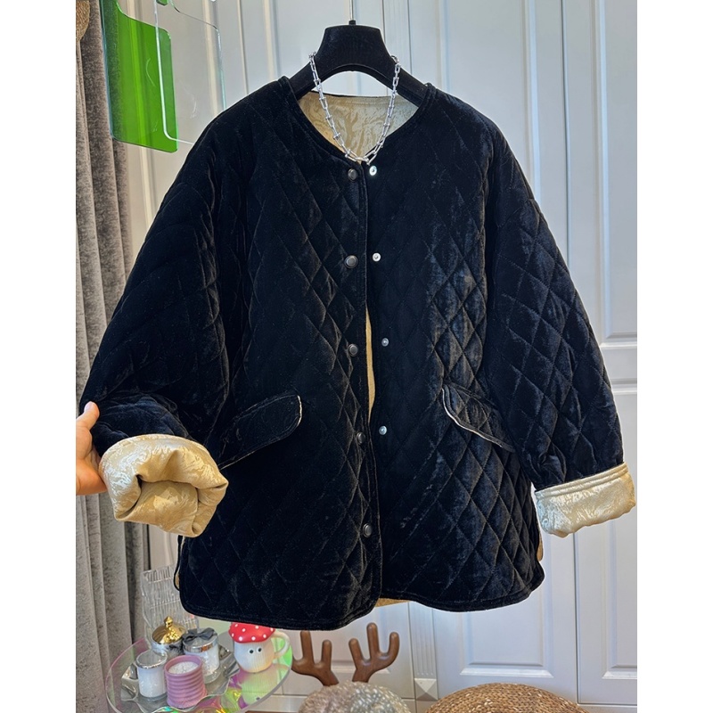 高级感丝绒菱格撞色内衬单排扣棉服女棉衣外套宽松慵懒时尚早秋装