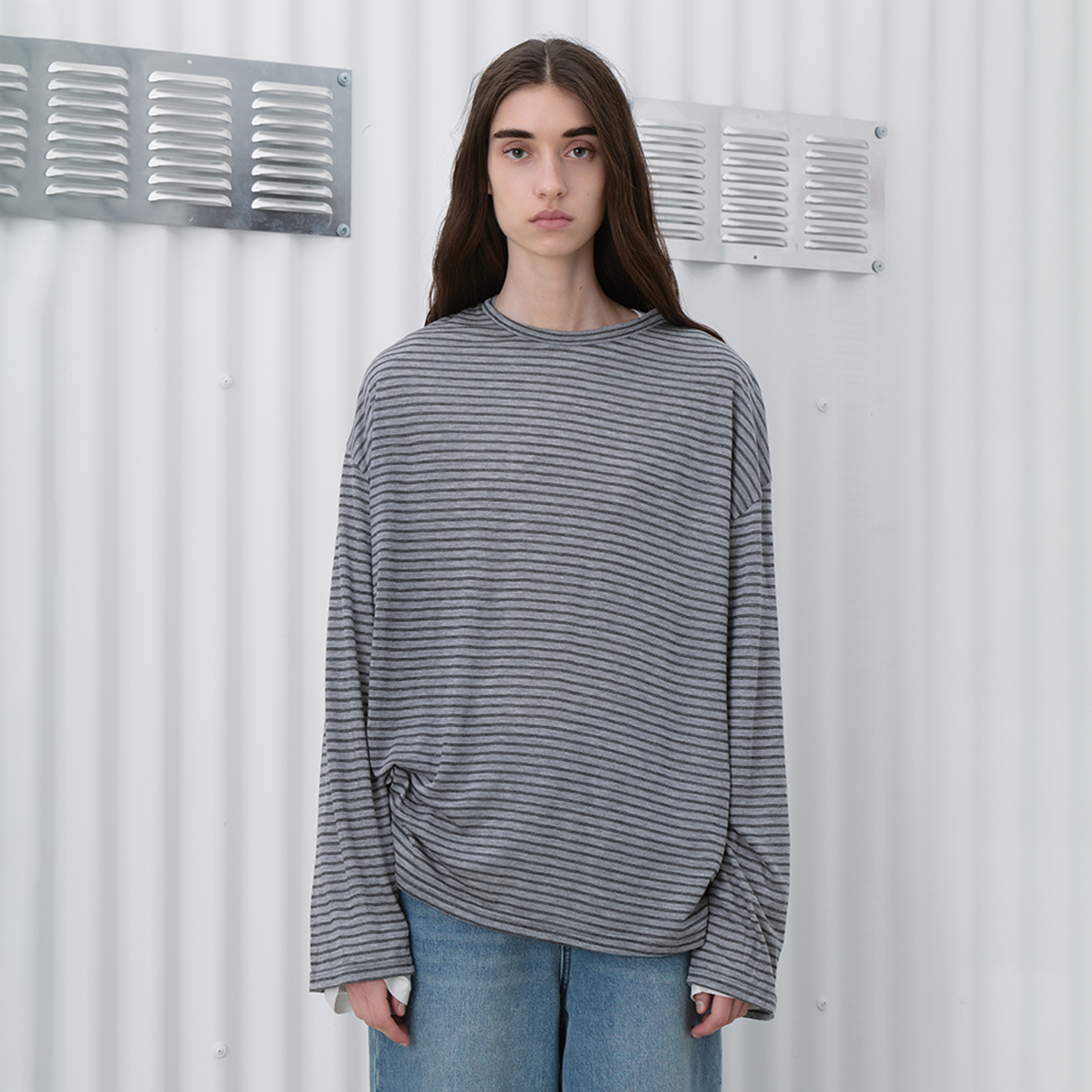 sagestudio 色织条纹桑蚕丝宽松长袖针织T恤