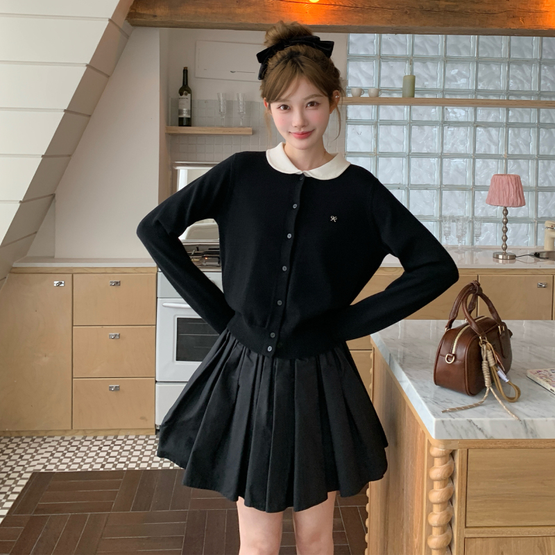 东京岁时记jk黑色单排扣毛衣开衫撞色娃娃领小个子针织衫女秋外套