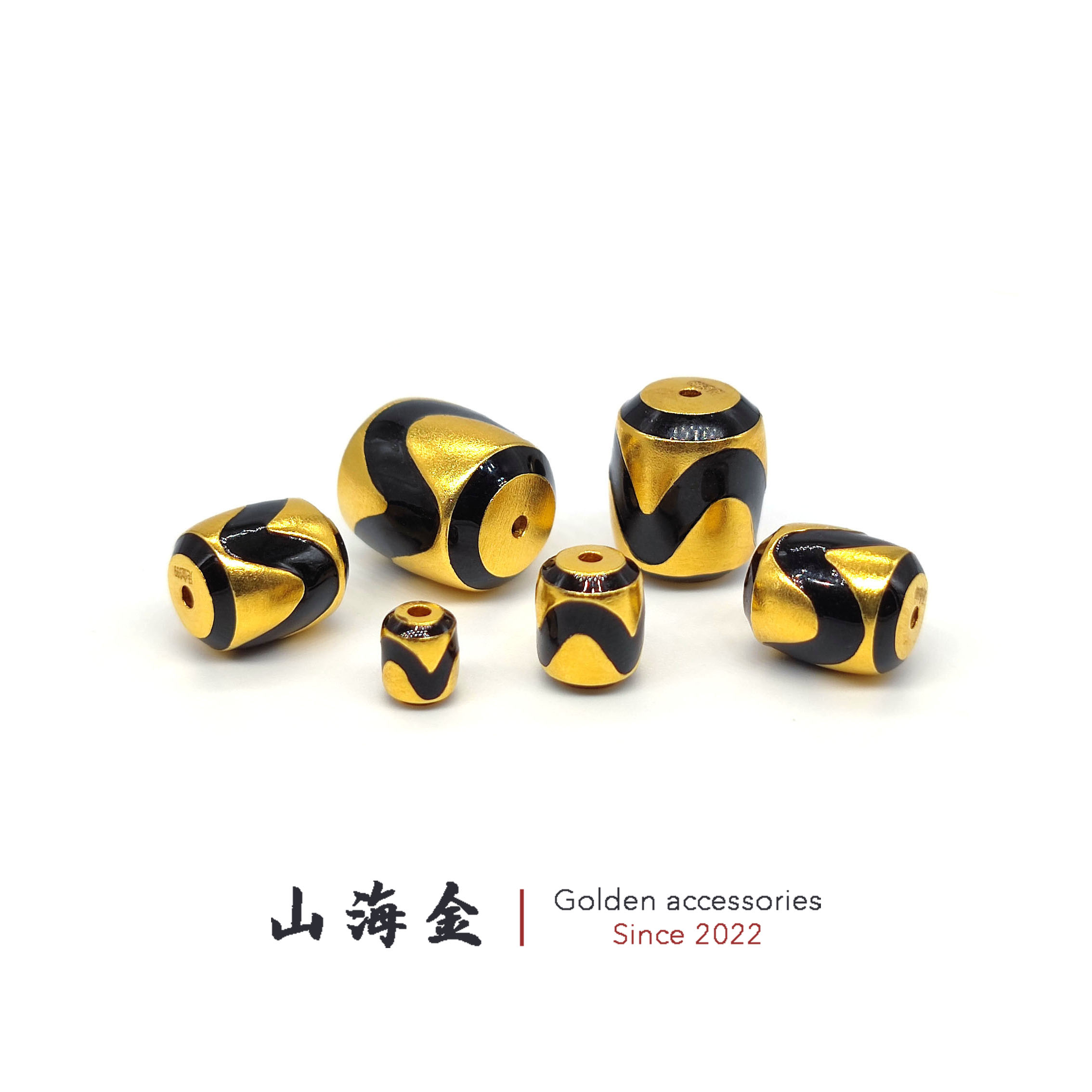 山海金 24K足金999黄金虎牙天珠珐琅彩桶珠顶珠腰珠文玩手串配饰