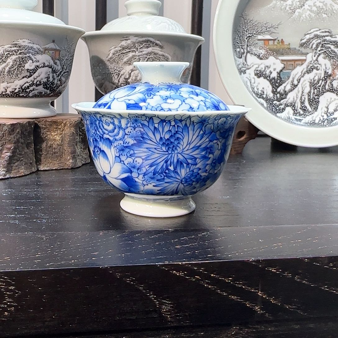 摆件陶瓷万花小盖碗不合缝