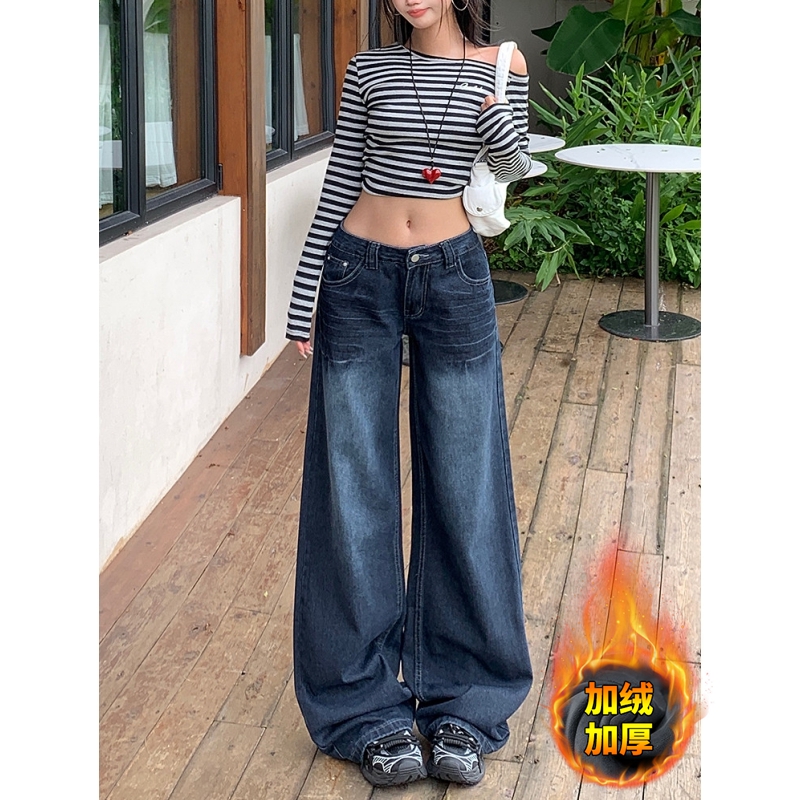 复古深蓝灰阔腿牛仔裤女秋冬新款显瘦加绒宽松低腰不贴腿直筒长裤