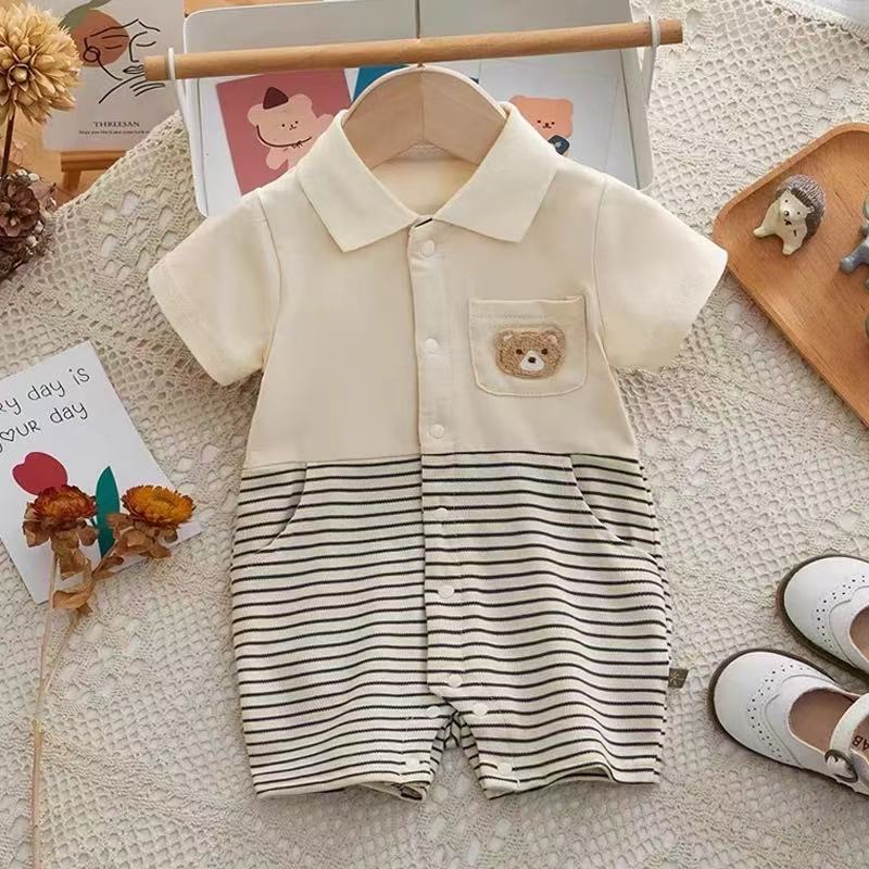 Y【优选】夏季薄款男女宝可爱条纹小熊拼接polo领周岁服外出服ly