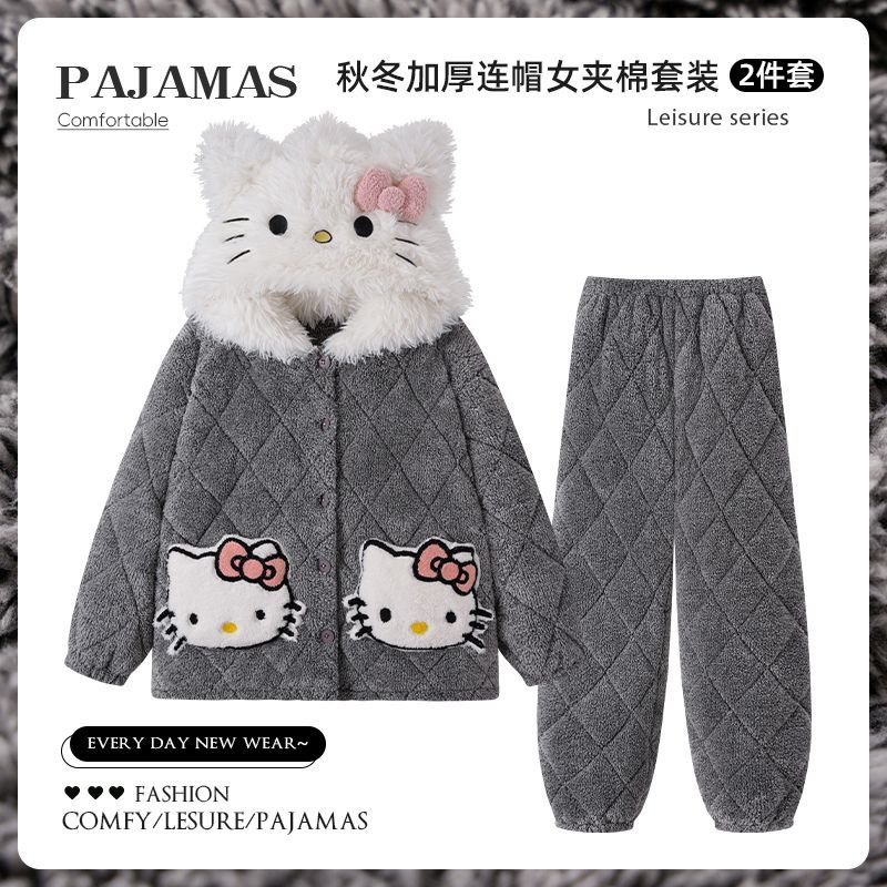冬季HelloKitty睡衣女士长毛绒三层夹棉珊瑚绒加绒加厚舒适家居服