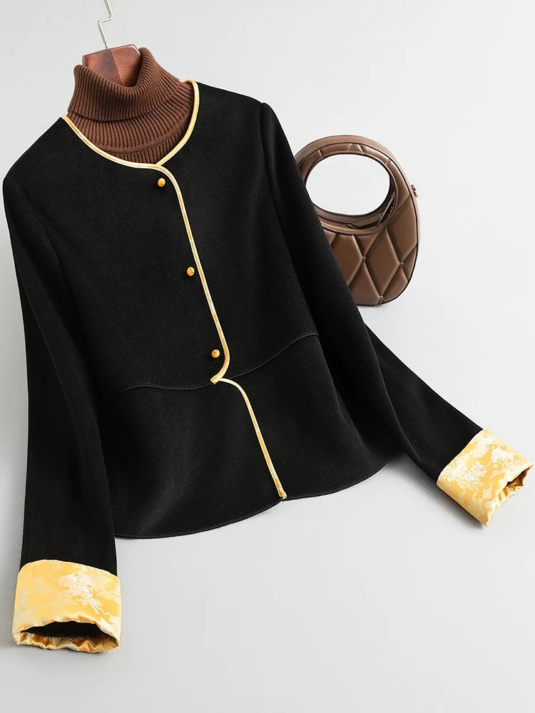 新中式国风双面呢大衣女短款款圆领小个子高级感毛呢外套