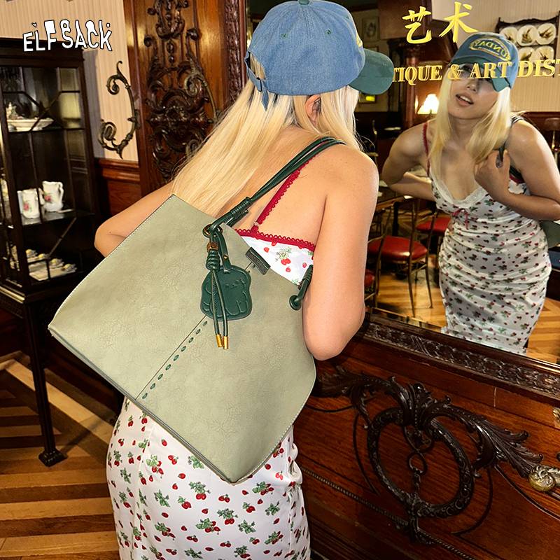 妖精的口袋复古绿色单肩斜挎包设计感大容量休闲手提包25248442