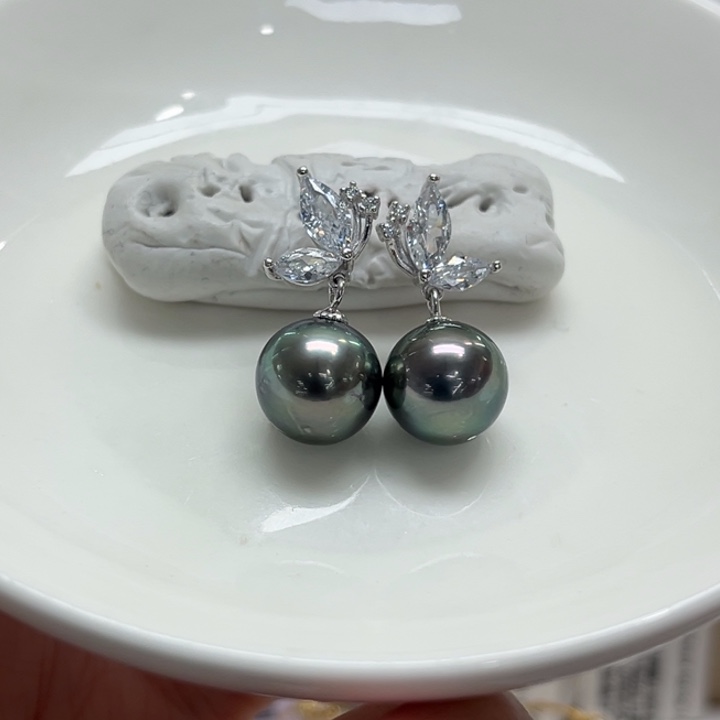 银S925镶嵌耳饰海水珍珠大溪地10-11m 37号