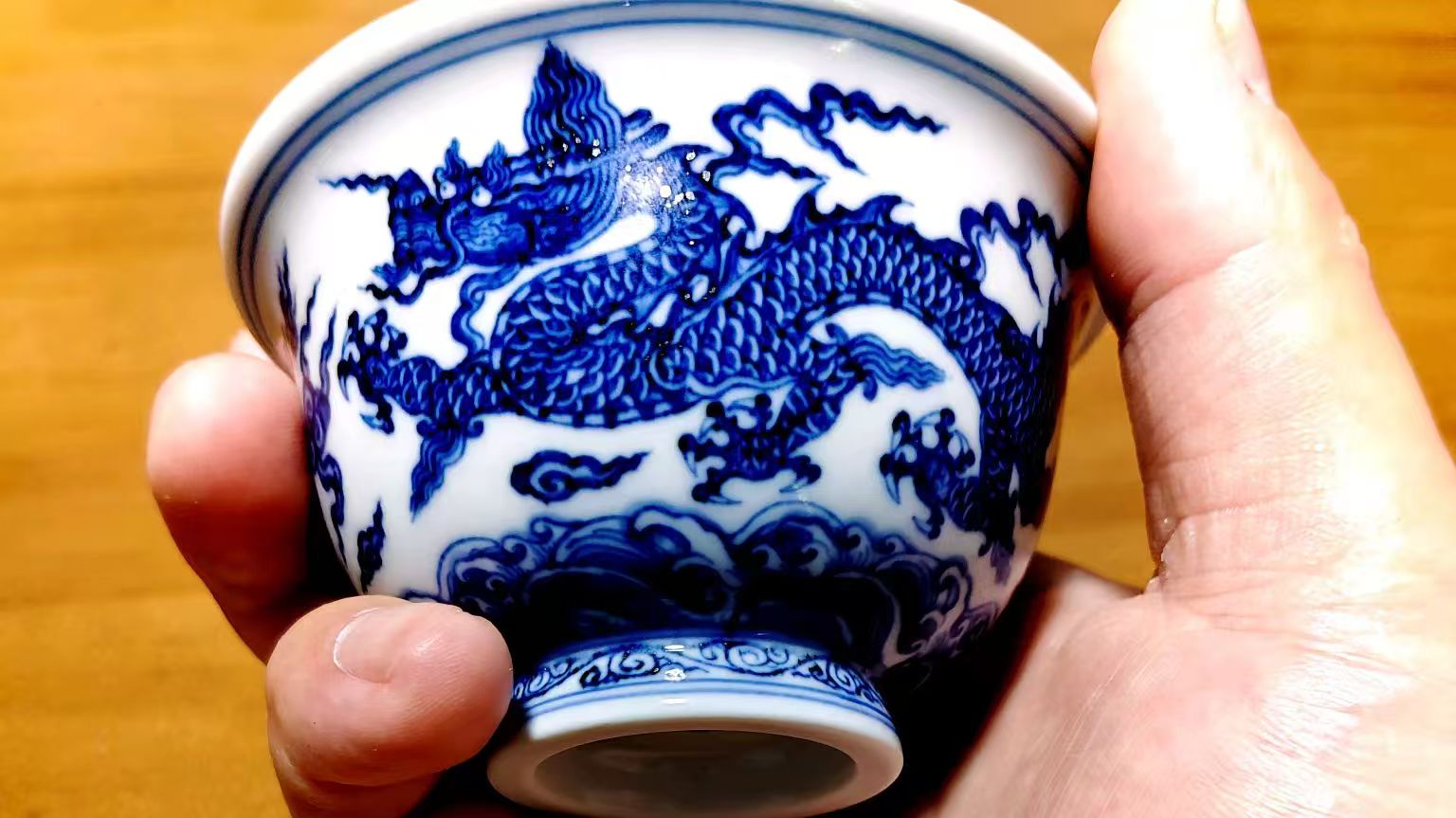 双龙压手杯  全手工绘  画青花茶杯   品茗