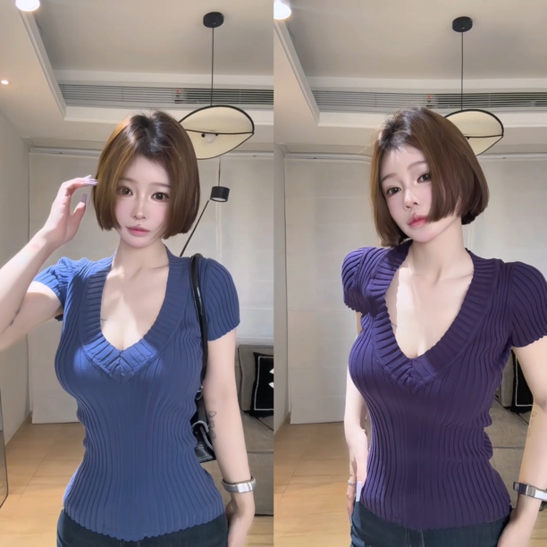 希野逸儿/老钱风深V领坑条高弹针织冰感收腰短袖T恤女短款上衣