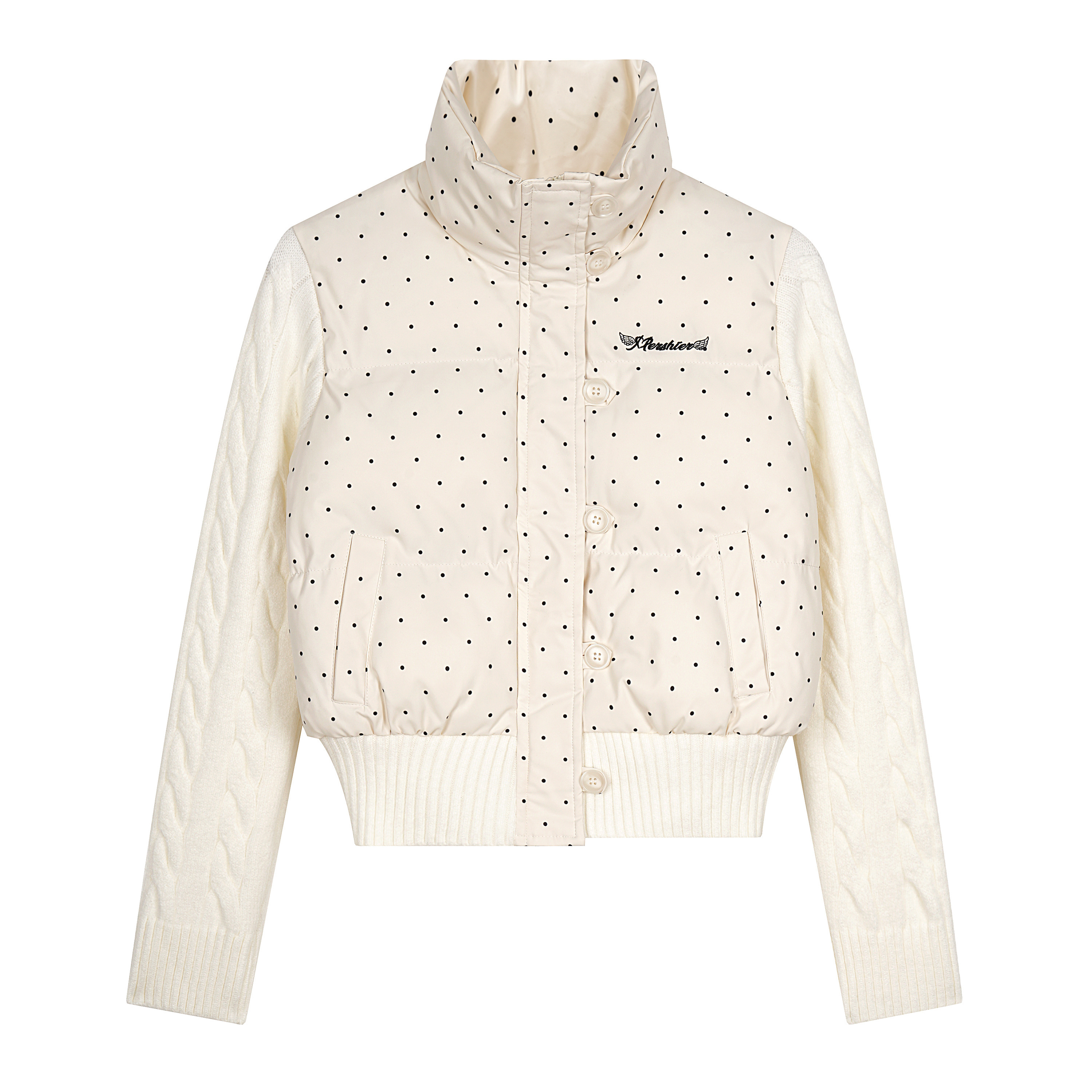 NowAndHere波点针织拼接长袖棉服冬季保暖面包服短款外套女