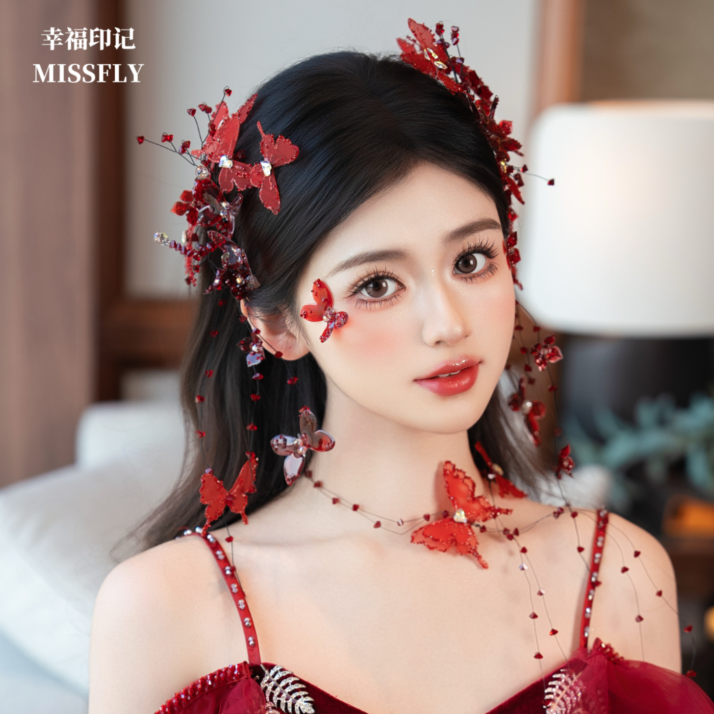 新娘红色水凝胶蝴蝶花朵对夹敬酒礼服头饰新中式旗袍减龄生日发饰