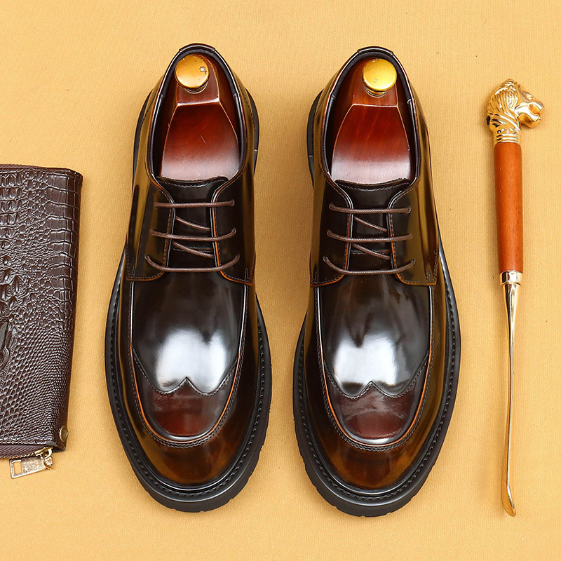 男士皮鞋时尚亮面系带透气时装百搭ins圆头年轻人皮鞋男通勤德比