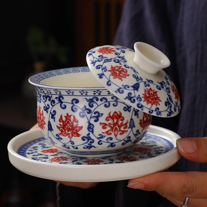 青花釉里红可悬停旋转三才盖碗缠枝莲不烫手功夫茶泡茶碗茶杯茶具