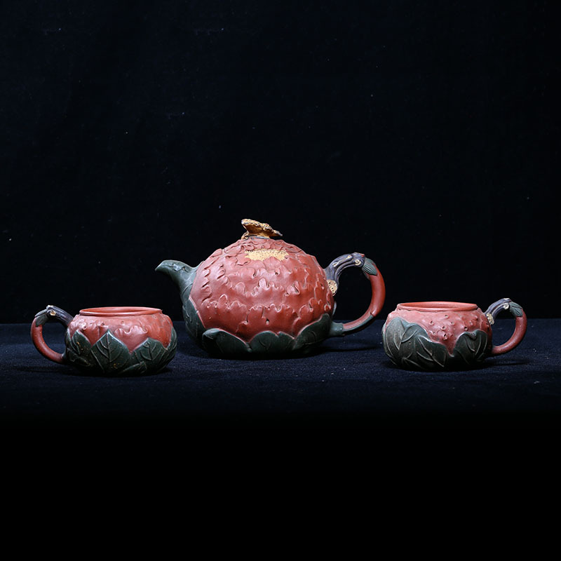 台湾回流老紫砂套壶一厂老红泥9孔500c牡丹花开蝶恋花套壶