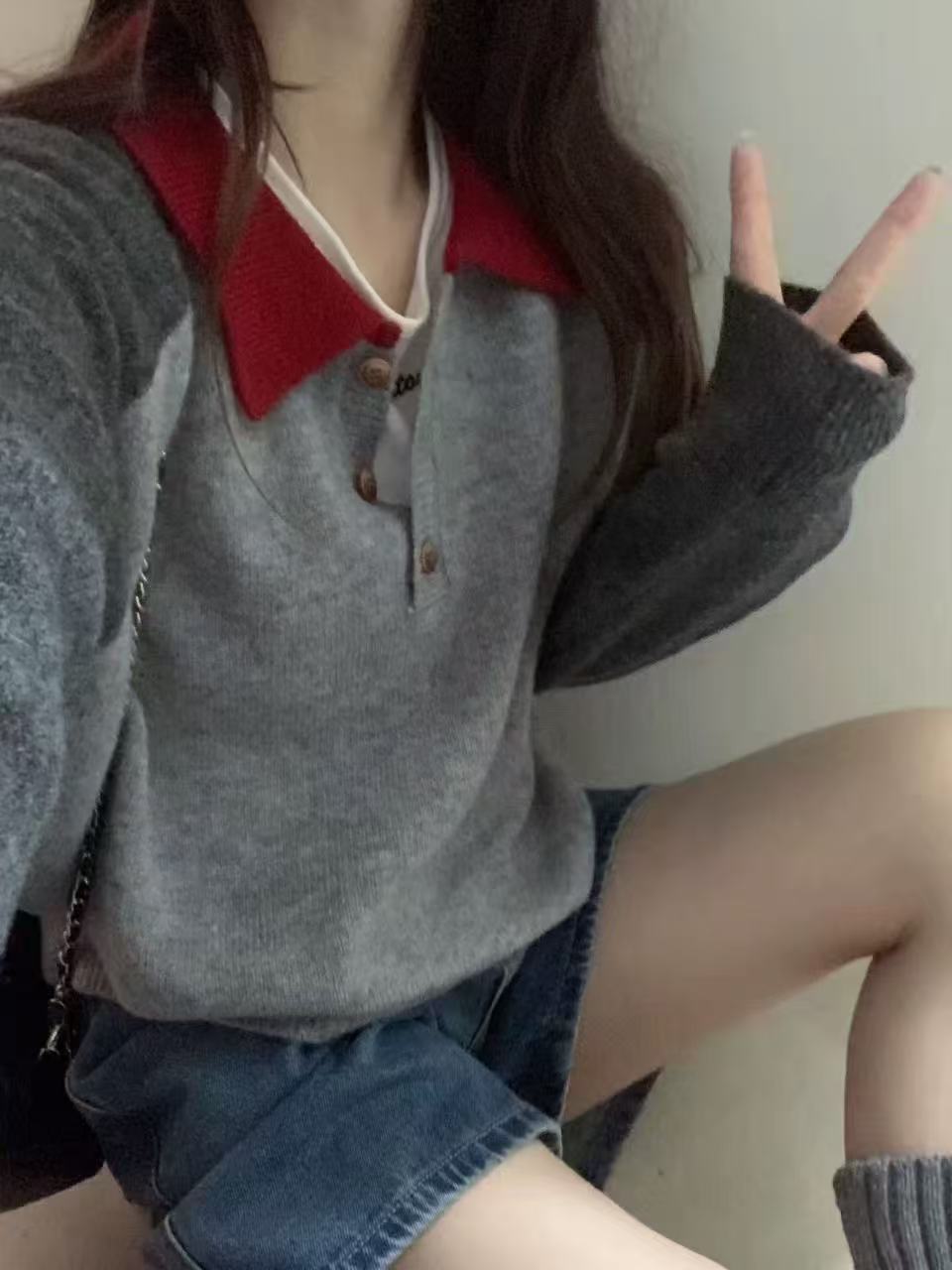 T1079【红领巾】韩系撞色翻领百搭针织套头女
