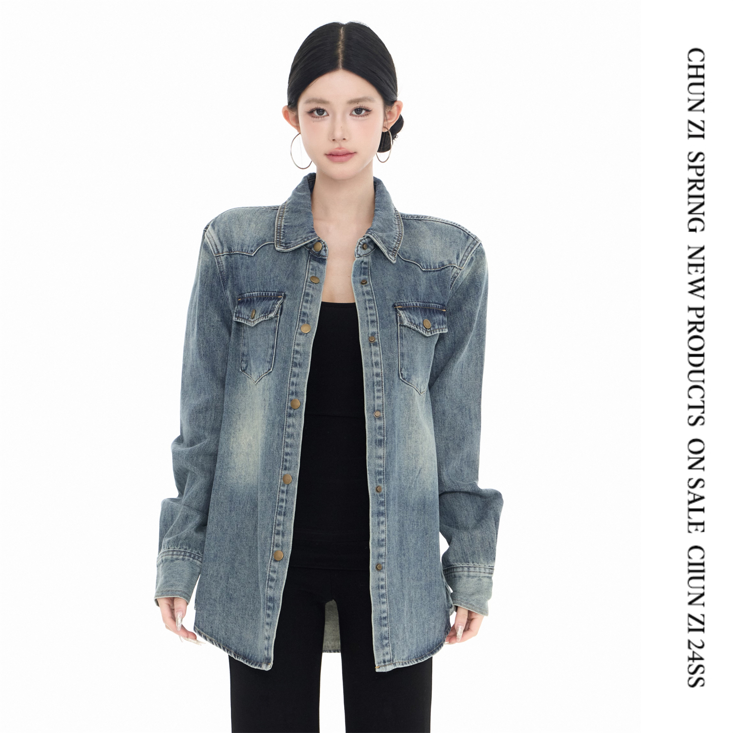 【CHUN ZI】街区故事复古做旧牛仔外套女春夏2025宽松休闲长袖上衣