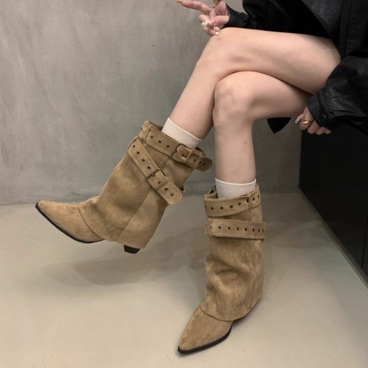 美式辣妹皮带扣裤管靴短筒靴女靴2025早秋新款小众设计短靴西部靴