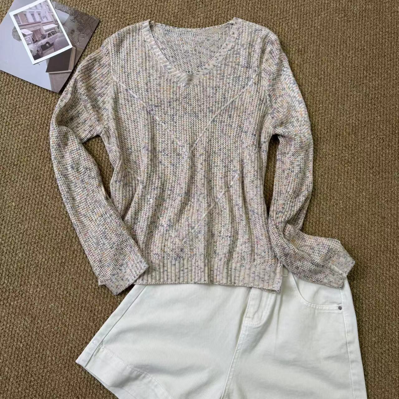 深圳南油白桃美美 法式休闲长袖针织衫新款百搭圆领上衣A2488