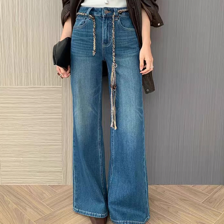 67781直筒微喇牛仔裤女2025秋季喇叭裤高腰显瘦抽绳阔腿拖地裤