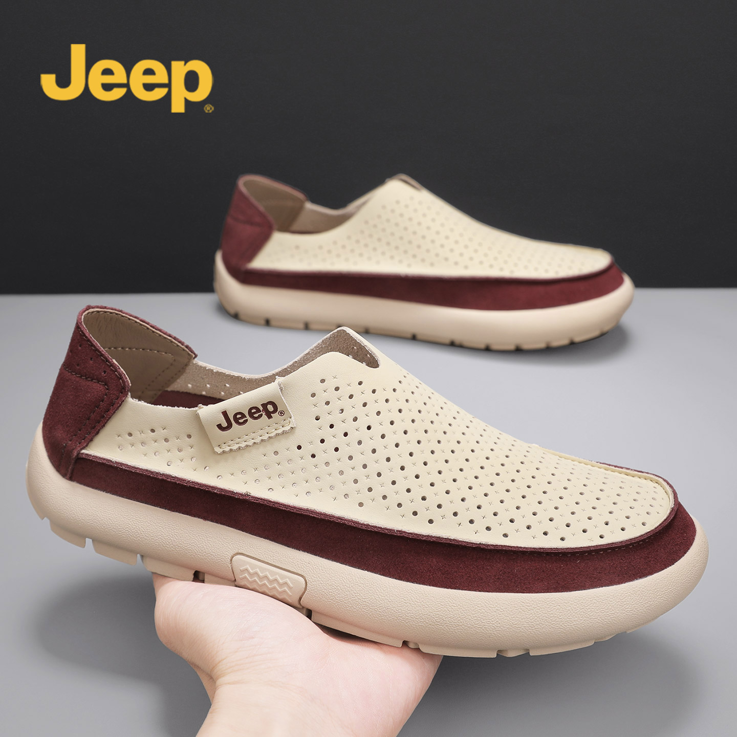 JEEP/吉普男鞋2026新款夏季透气鞋子软底懒人休闲鞋一脚蹬乐福鞋