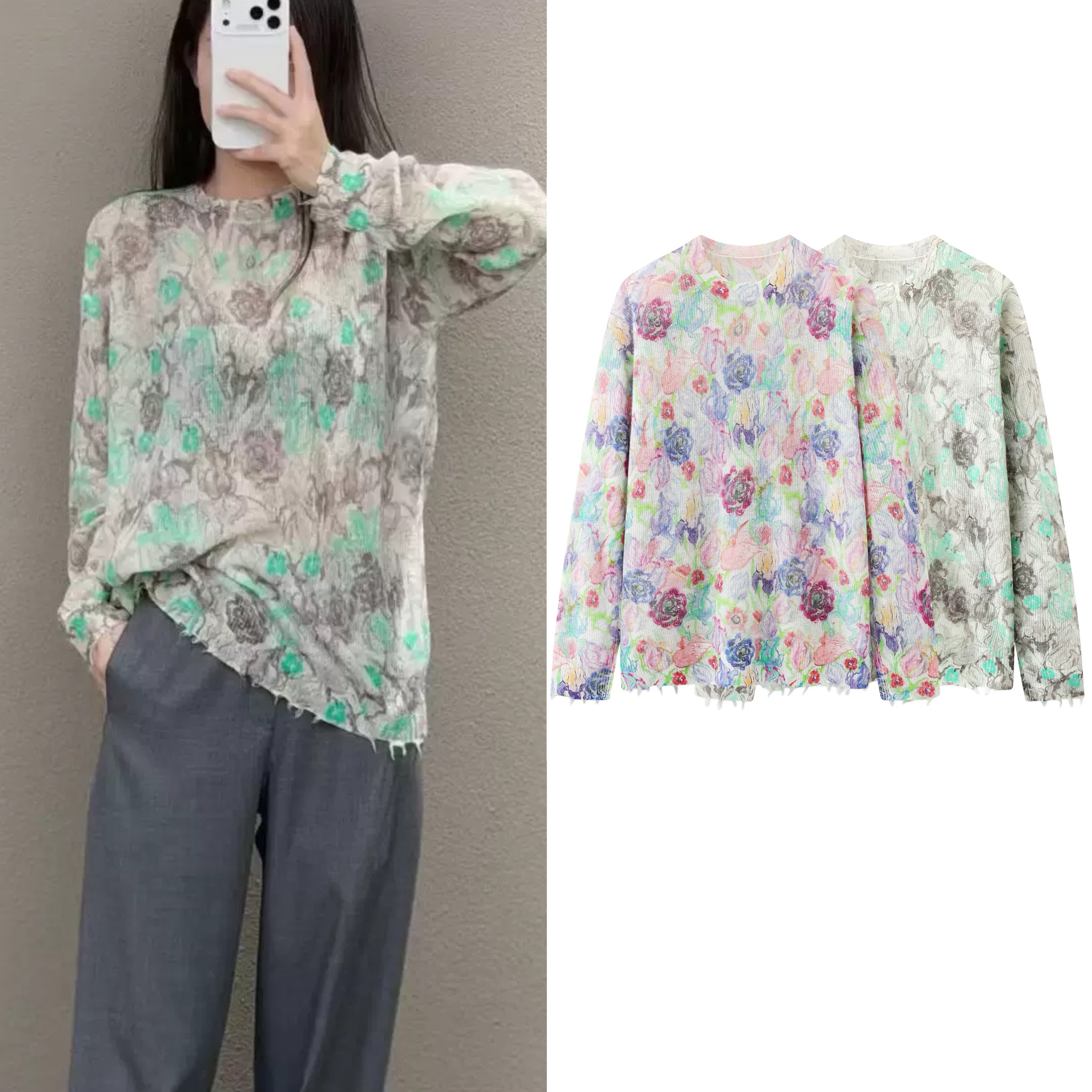 2026春季设计师款轻奢风女装彩色花卉圆领薄款洋气针织衫