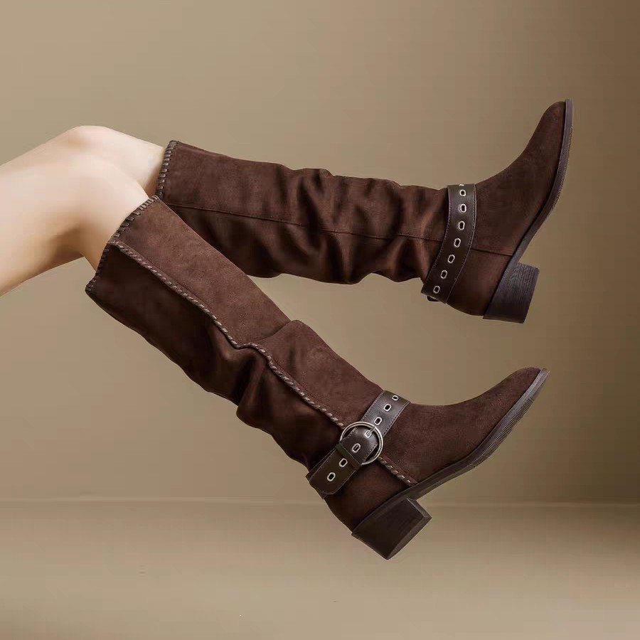 新款复古显瘦粗跟尖头秋冬百搭长筒女骑士靴58331