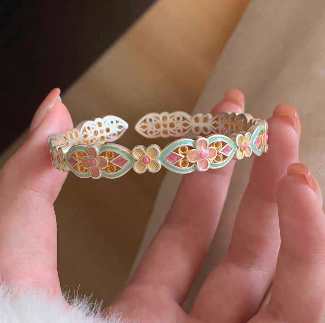 足银手镯 A06足银999开口珐琅彩新中式国风宫廷花手镯