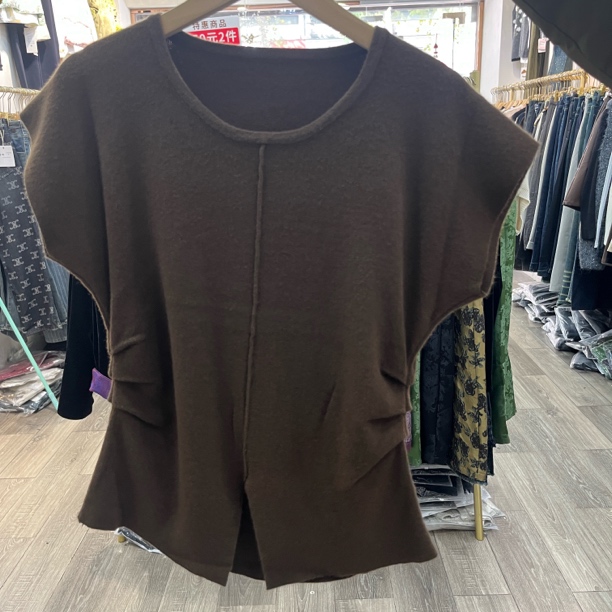 圆领褶皱秋季短袖女毛针织衫上衣毛衣百搭纯色