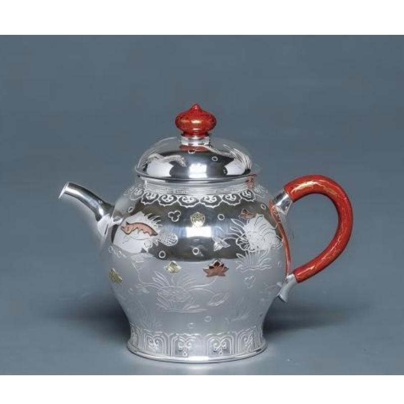 寸发标手作錾刻嵌金大漆鱼藻纹将军壶-茶器-茶具-壶