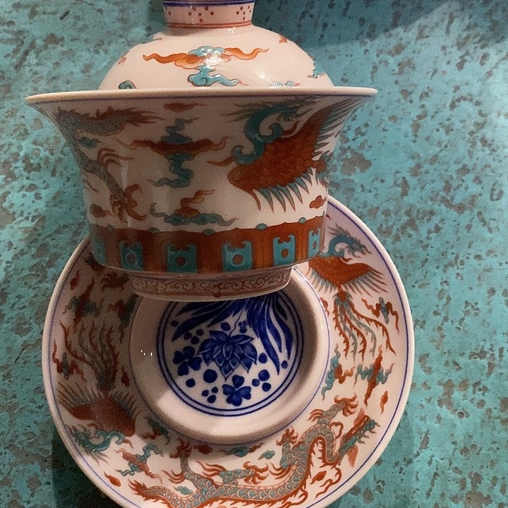 摆件陶红稀土龙凤斗彩盖碗