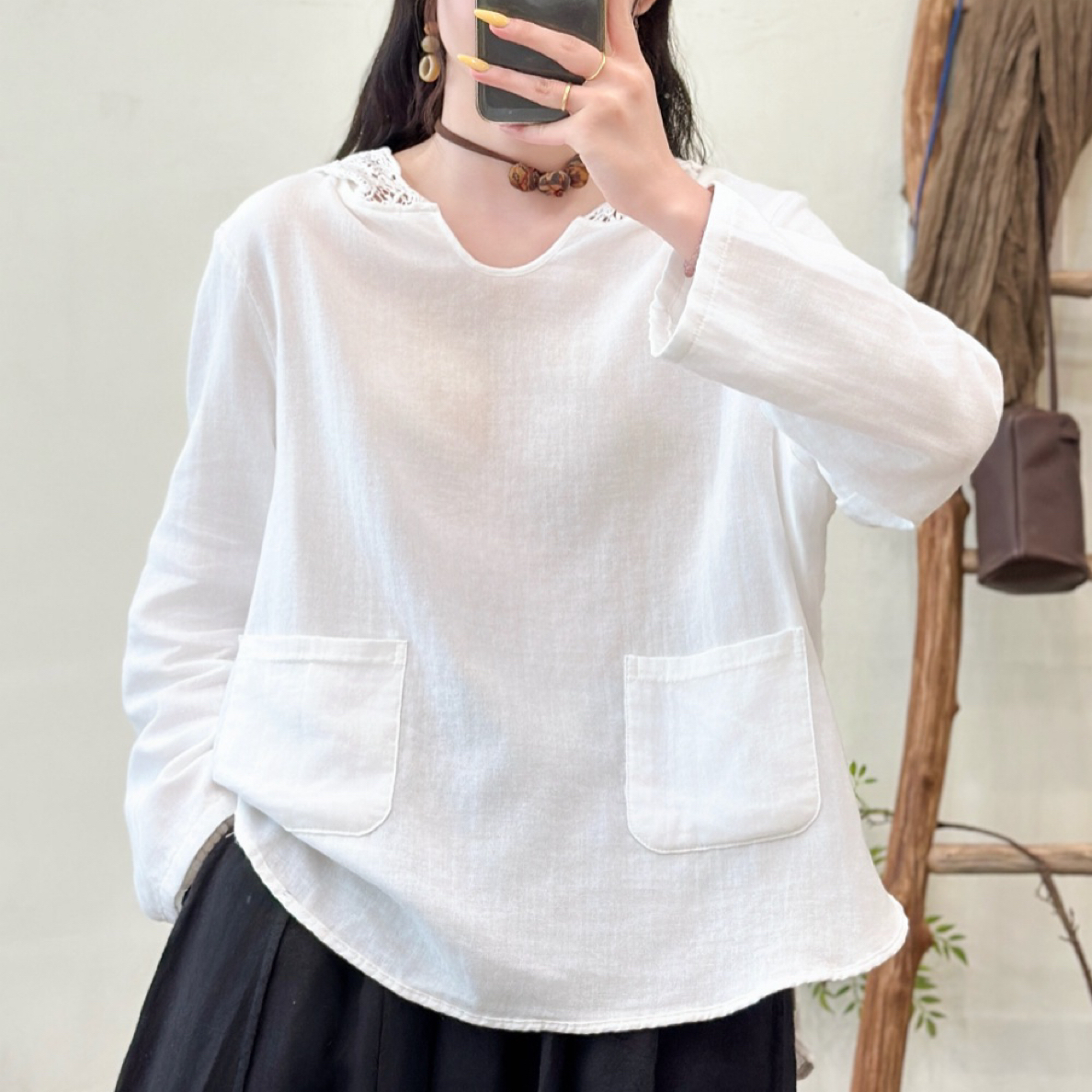 女士休闲简约百搭时尚V领婴儿棉双纱长袖纯色上衣连帽款式
