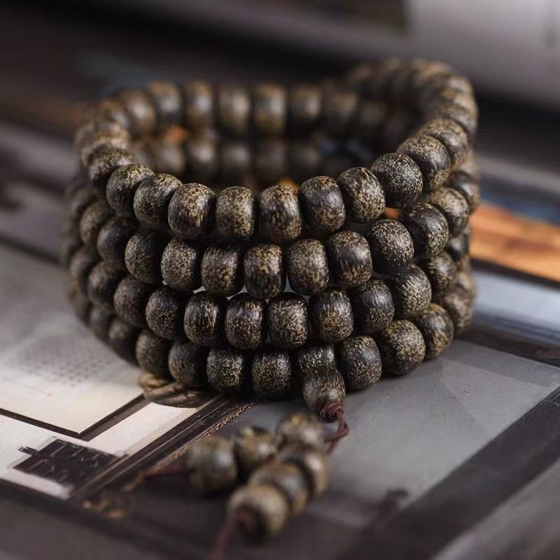 增香沉香木作达拉甘108颗虫漏黑油文玩手串脖挂