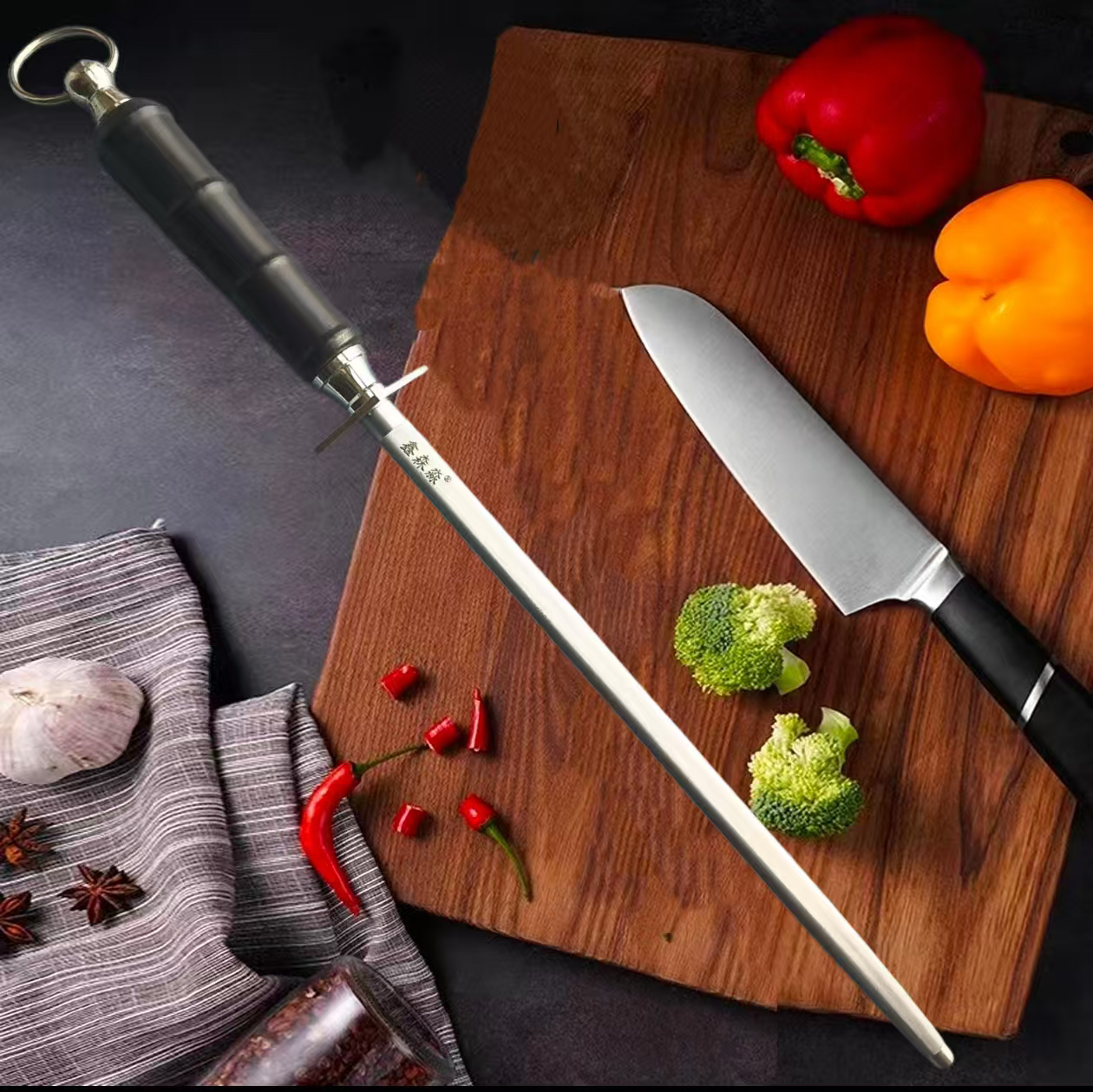 速利•黑檀木竹节手柄细纹家用磨刀棒商用屠宰分割专用磨刀棒