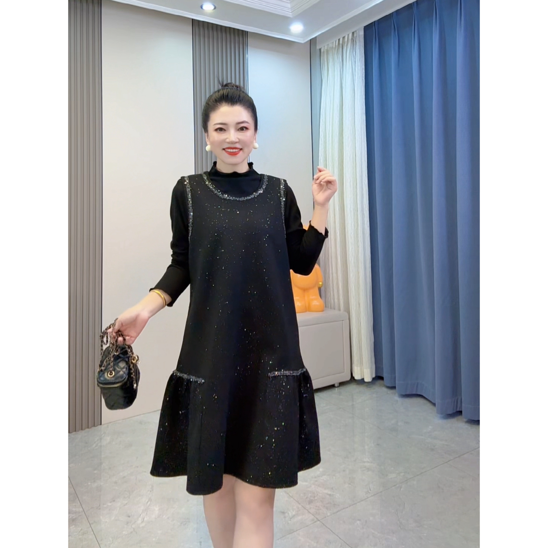 大码女装2025秋季新款胖mm韩版时尚百搭打底衫亮闪马甲裙两件套女