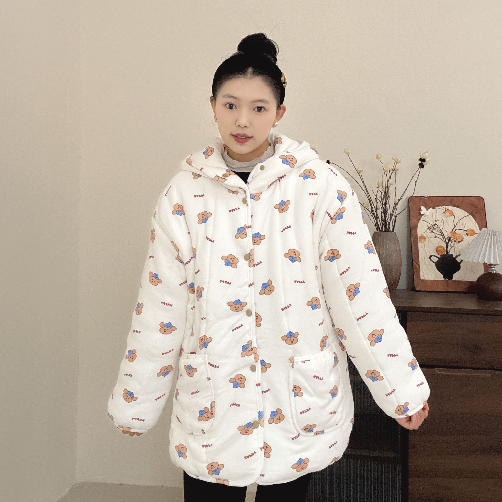 【帽子小狗】300g新疆棉连帽开叉中长款棉花衣宽松家居服女保暖棉衣