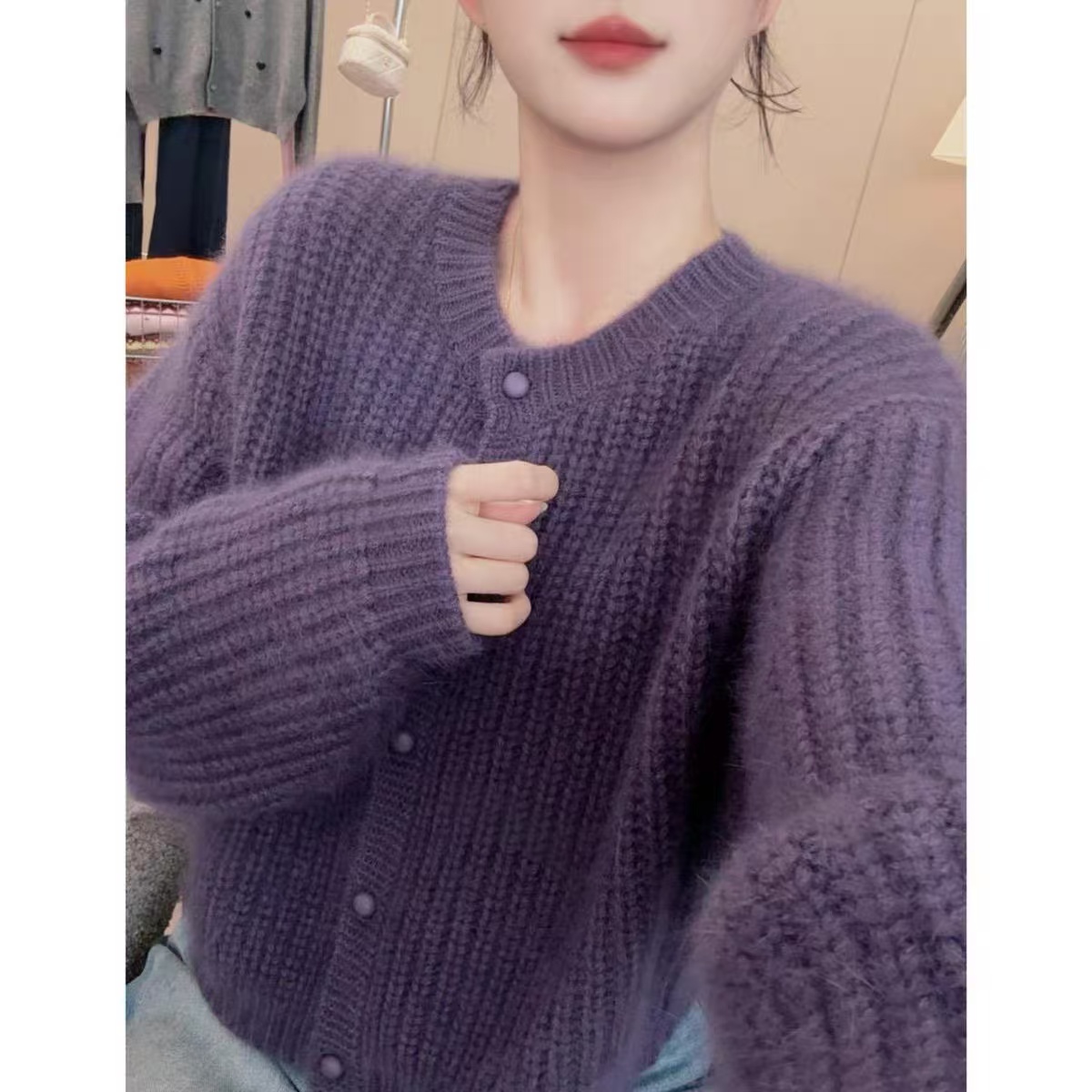 紫色针织开衫女秋冬新款软糯长袖圆领毛衣外套
