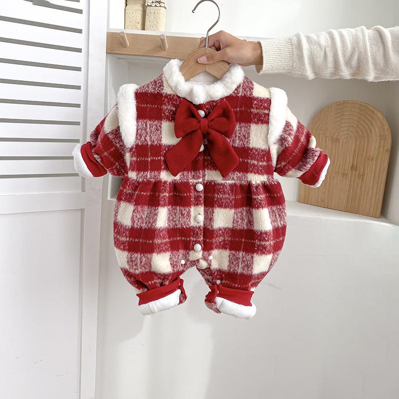 宝宝连体衣毛茸茸女宝棉衣冬季拜年服夹棉衣服冬款爬服女宝外出服