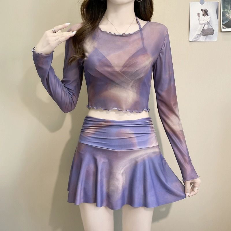 2025新款比基尼三件套晕染度假风显瘦遮肉温泉防晒女士泳衣